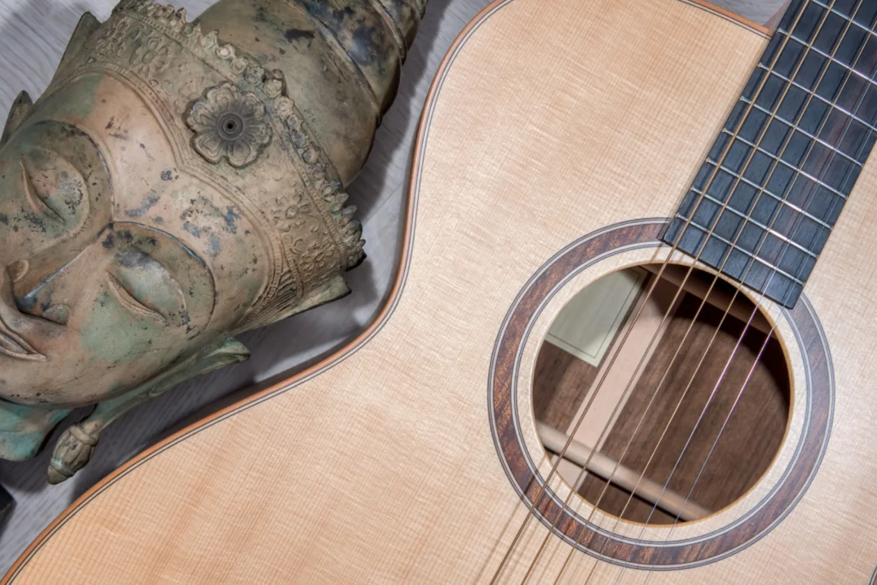 Buddha meditating with folk acoustic guitar music for meditation